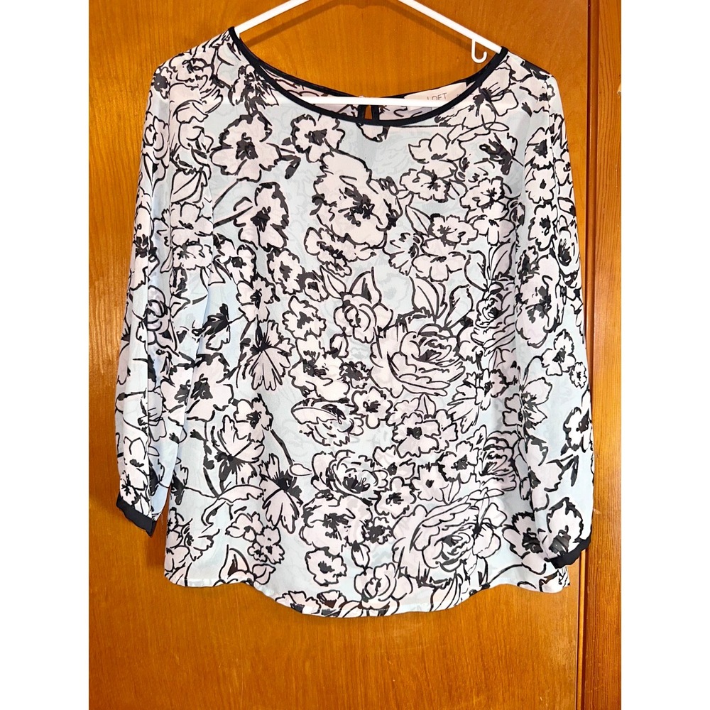 Ann Taylor Loft Sheer Lightweight Blouse Blue Floral XS Petite